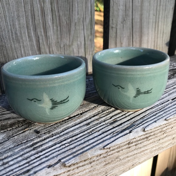 Celadon Teacup Pair Vintage Cranes